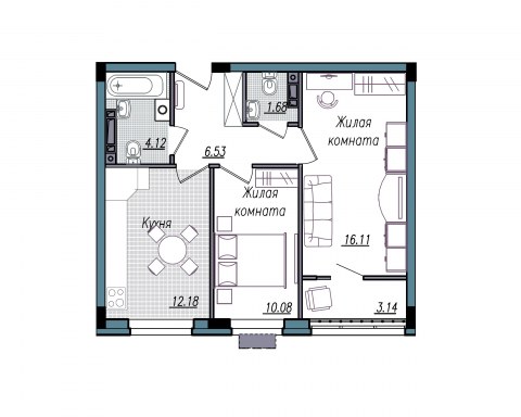 Планировка: 2-комн., 53,8 м²