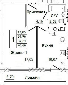 Планировка: 1-комн., 40,7 м²