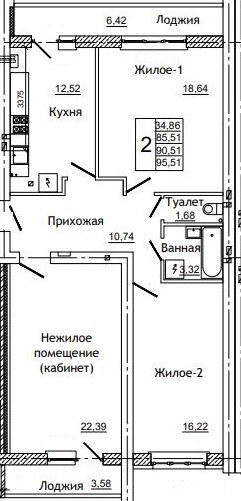 Планировка: 2-комн., 95,2 м²