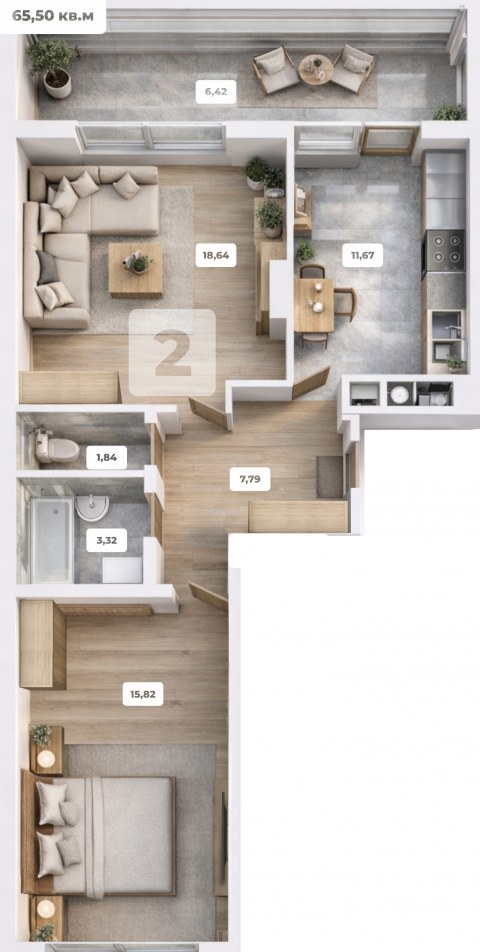Планировка: 2-комн., 65,3 м²