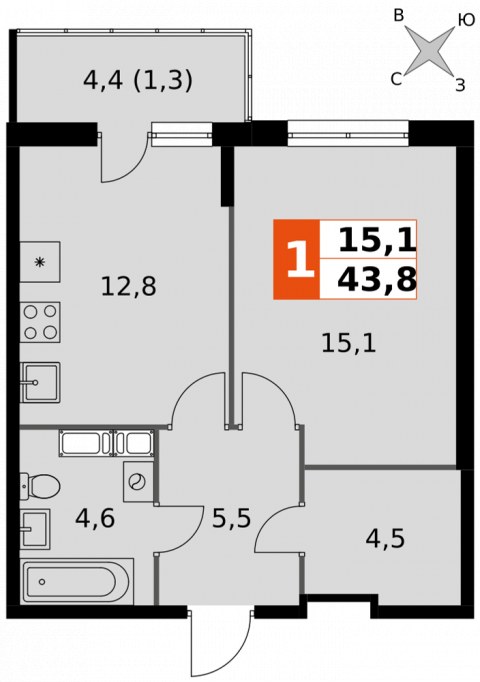 Планировка: 1-комн., 43,8 м²