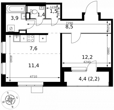 Планировка: 2-комн., 48,7 м²