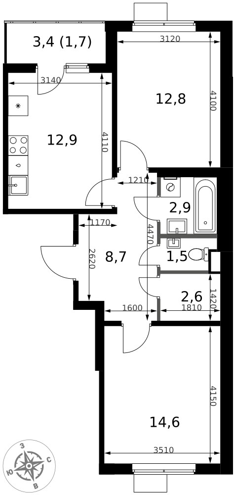 Планировка: 2-комн., 57,7 м²