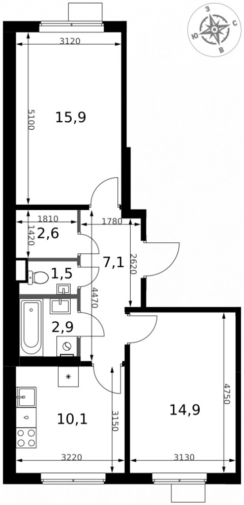Планировка: 2-комн., 55,0 м²