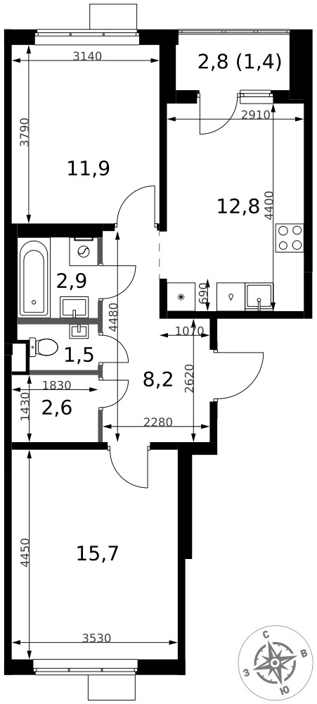 Планировка: 2-комн., 57,0 м²