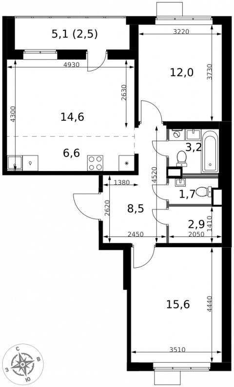 Планировка: 3-комн., 67,6 м²