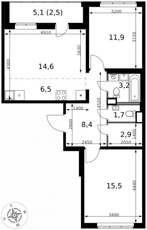 Планировка: 3-комн., 67,2 м²
