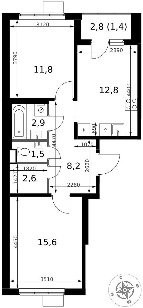 Планировка: 2-комн., 56,8 м²