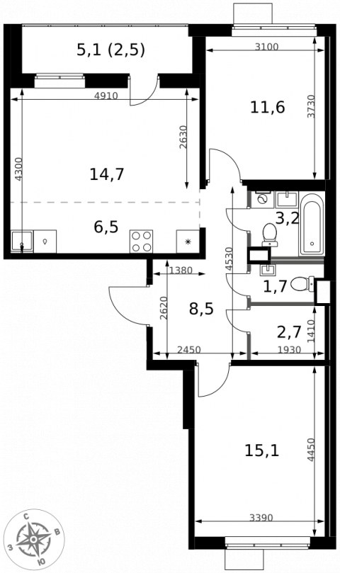 Планировка: 3-комн., 66,5 м²