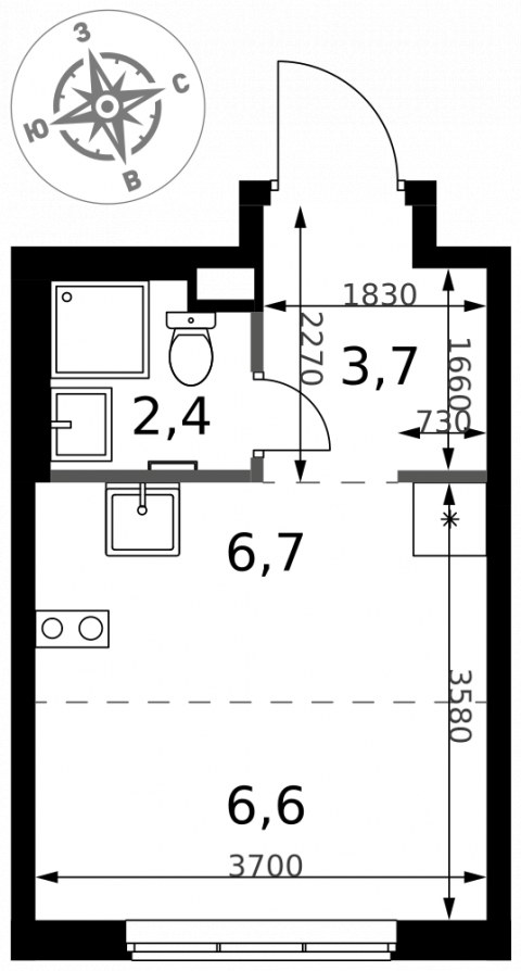 Планировка: Студия, 19,4 м²