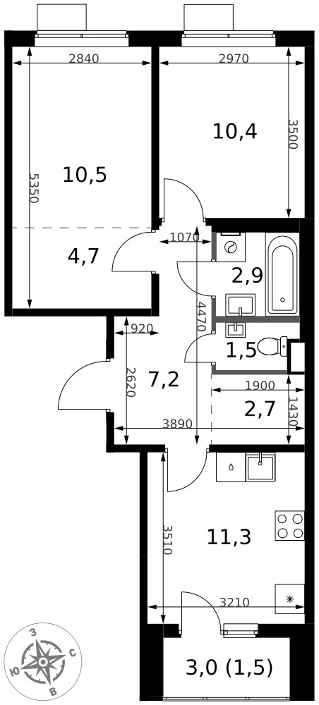 Планировка: 2-комн., 52,7 м²