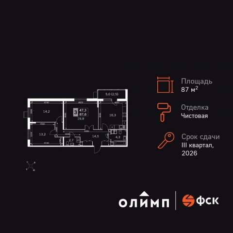 Планировка: 3-комн., 87,5 м²