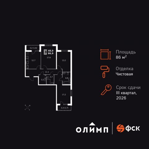Планировка: 3-комн., 86,9 м²