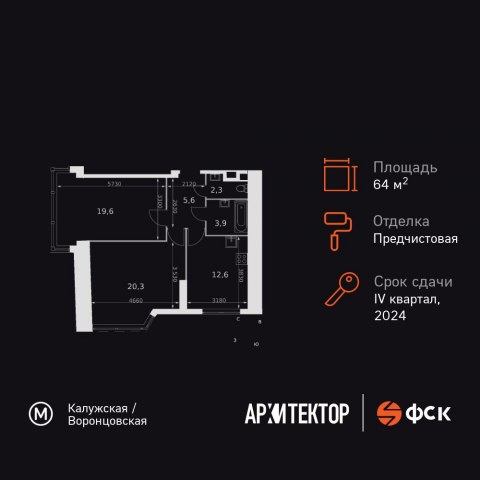 Планировка: 2-комн., 64,3 м²