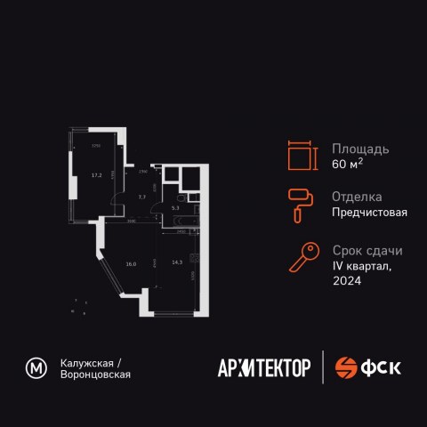 Планировка: 2-комн., 60,5 м²